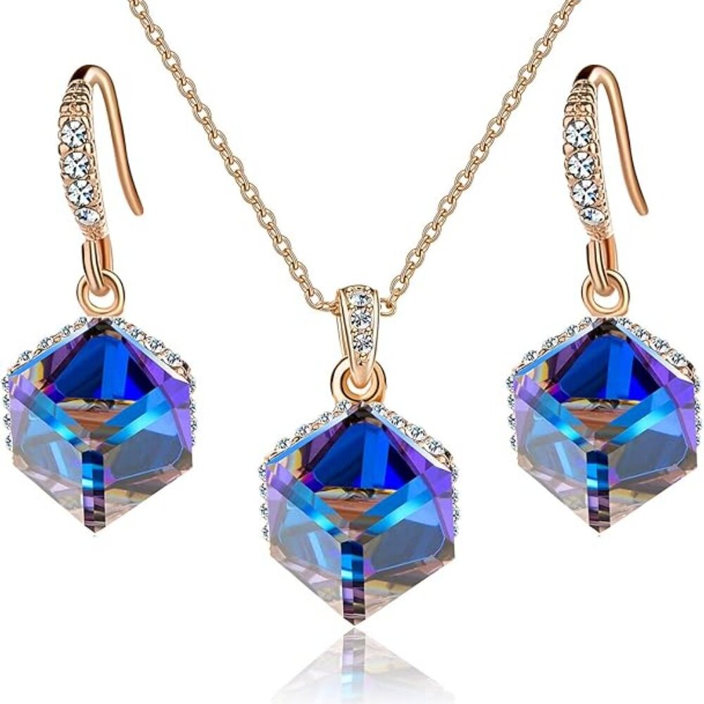 New Colorful Cubic Austrian Crystal Pendant Necklace Earrings for Women … - Picture 2 of 9
